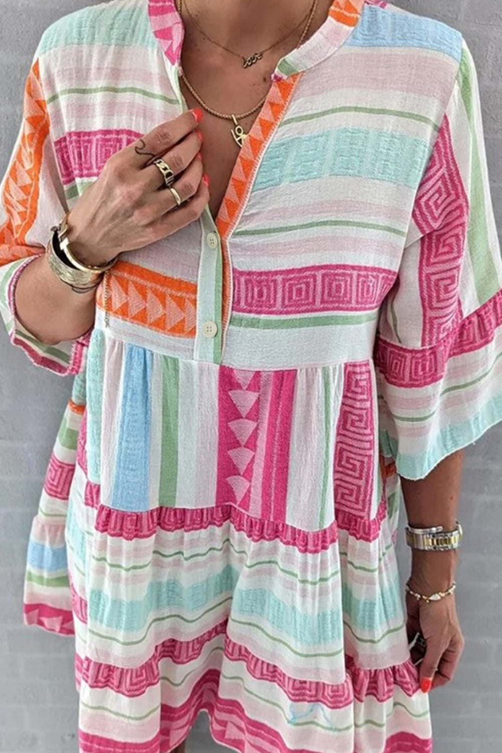 Multicolour Boho Geometric Print Bracelet Sleeve Buttoned Mini Dress