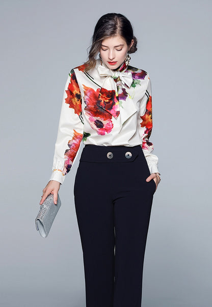 Long Sleeve Bow Ribbon Print Fashion Women's Shirt