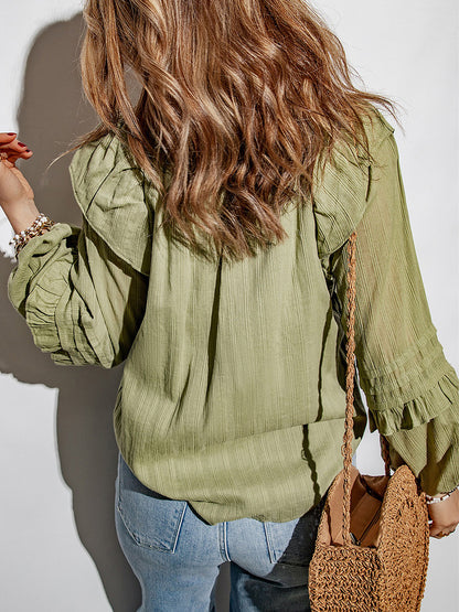 Solid Color And V-neck Ruffled Puff Sleeve Shirt European And American Leisure Pullover