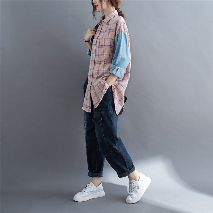 Patchwork Long-sleeved Loose Fit Oversized Shirt