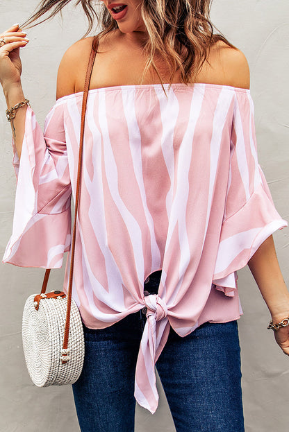 Striped Tie Front Flounce Sleeve Blouse