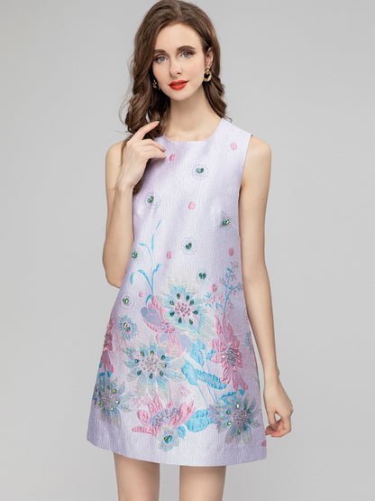 Printed Sleeveless Short Jacquard Dress Women