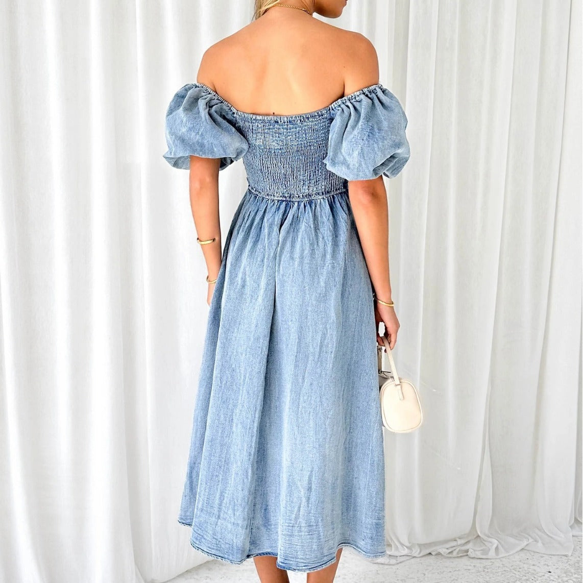 Puff Sleeve Waist-tight Denim Long Dress