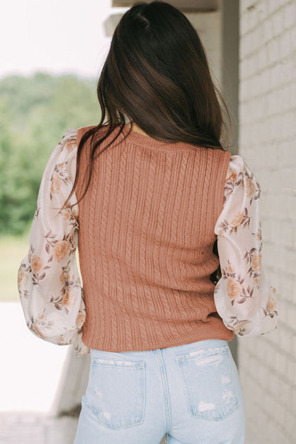 Blusa con mangas farol y estampado floral de canalé