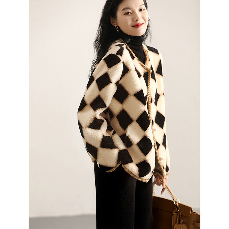 Chessboard Plaid Full Wool Sheepskin Fur Women's Winter