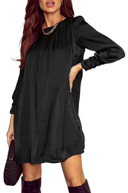 Black Solid Bishop Sleeve Pleated Mini Dress