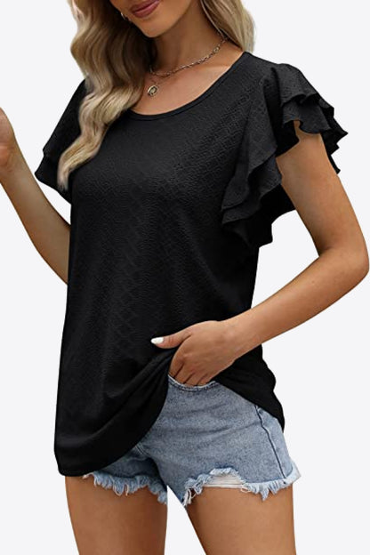 Round Neck Layered Flutter Sleeve Blouse