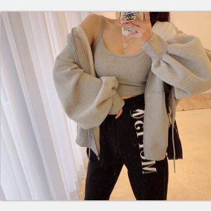 Women's Korean Style Loose Solid Color Raglan Sleeve Hoodie Jacket Suspenders Two Piece Set