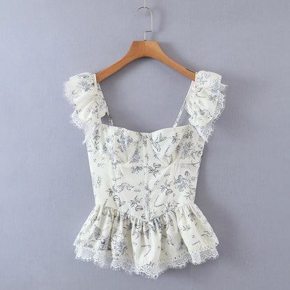 Fashion Ins French Style Comely Ruffled Keel Slim Strap Top