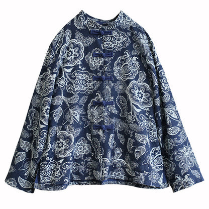 Chaqueta De Algodón Y Lino Cárdigan Calico Azul Étnico Para Mujer