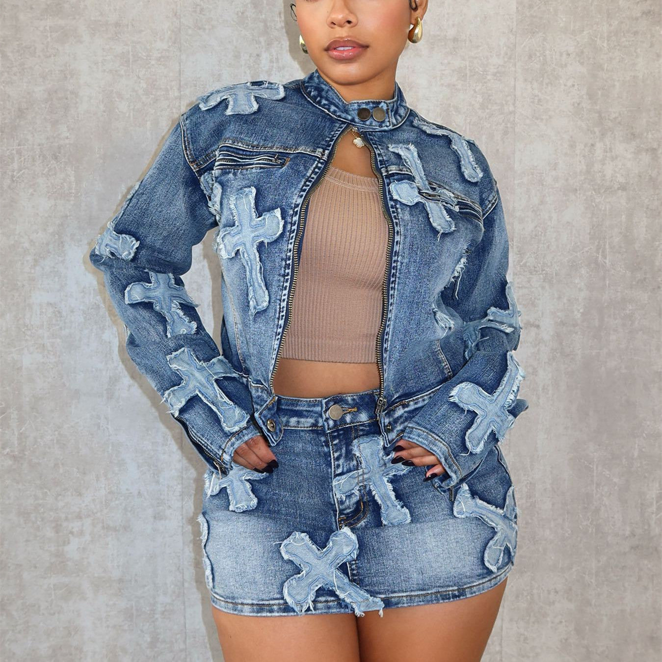 Costume de veste de jupe courte brodée en denim