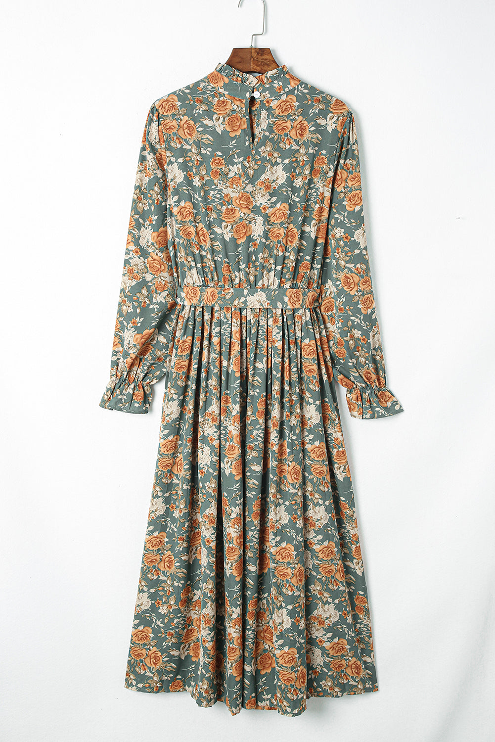 Green Pleated Long Sleeve Maxi Floral Dress with Tie