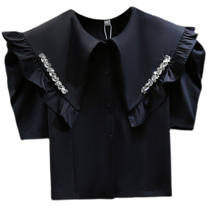 High Waist Short Short Sleeve Doll Collar Diamond Puff Sleeve Shirt