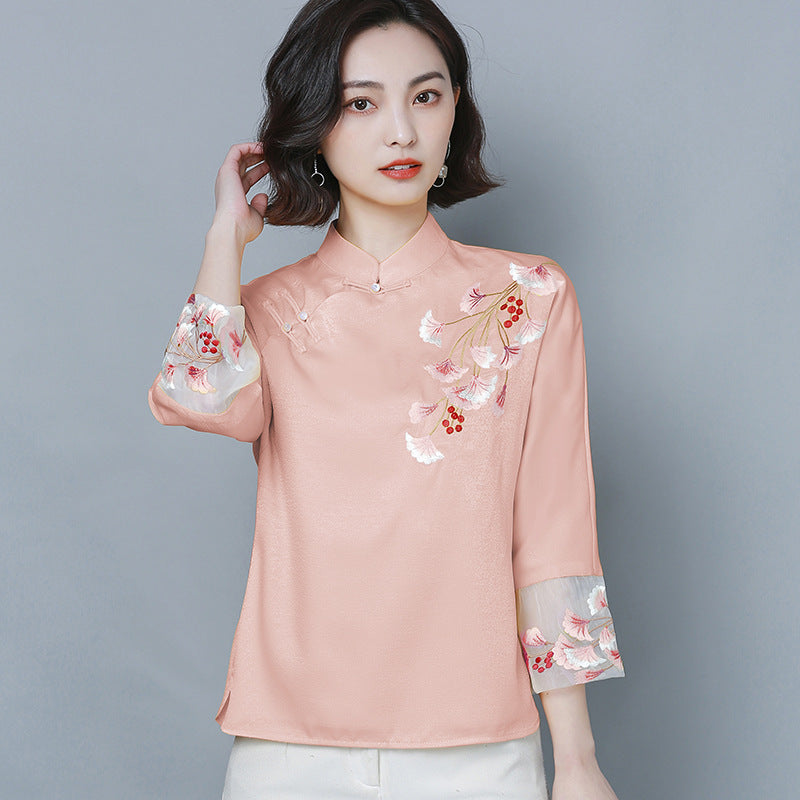 Imitation silk retro style stand-up collar improved cheongsam