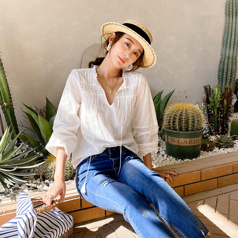 Chemise française brodée en coton blanc à manches longues pour femmes