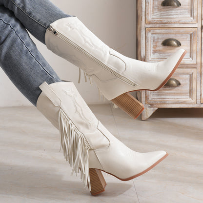 Embroidered Tassel White New Western Cowboy Boot