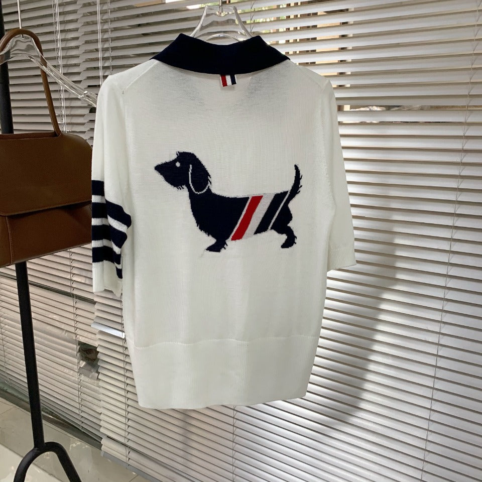 New Thin Stripe Dog Pattern POLO Polo T-Shirt Dachshund Short Sleeve