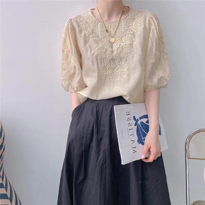 European Heavy Industry Embroidered Lace Blouse With Short Sleeves