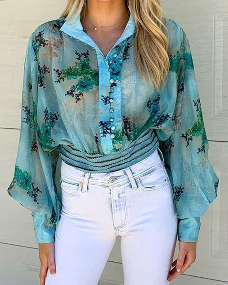 Ladies Casual Long Sleeve Printed Sheer Shirt