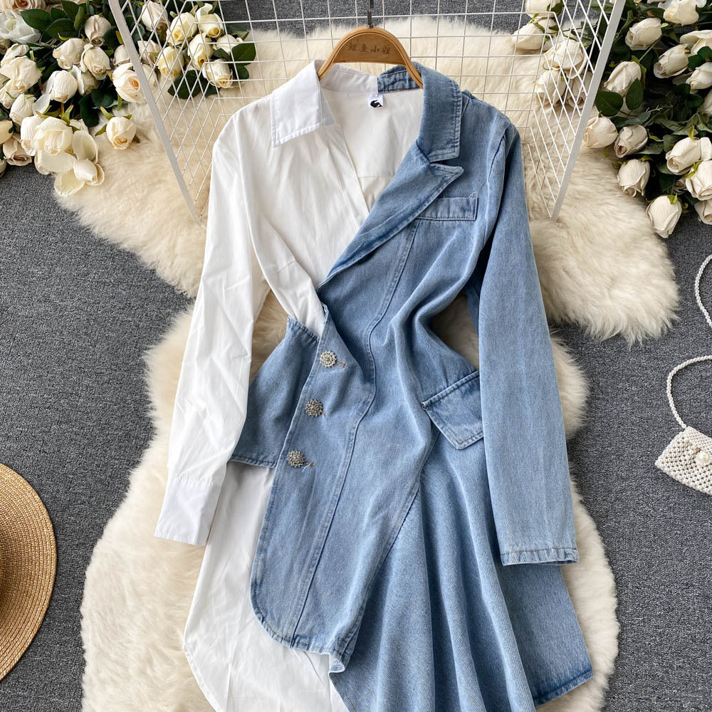 Irregular Long Sleeve Shirt Stitching Denim Dress