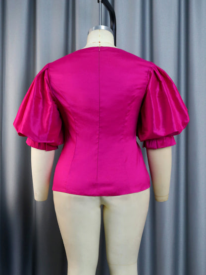 Summer Satin Lantern Sleeve Waist-controlled Top