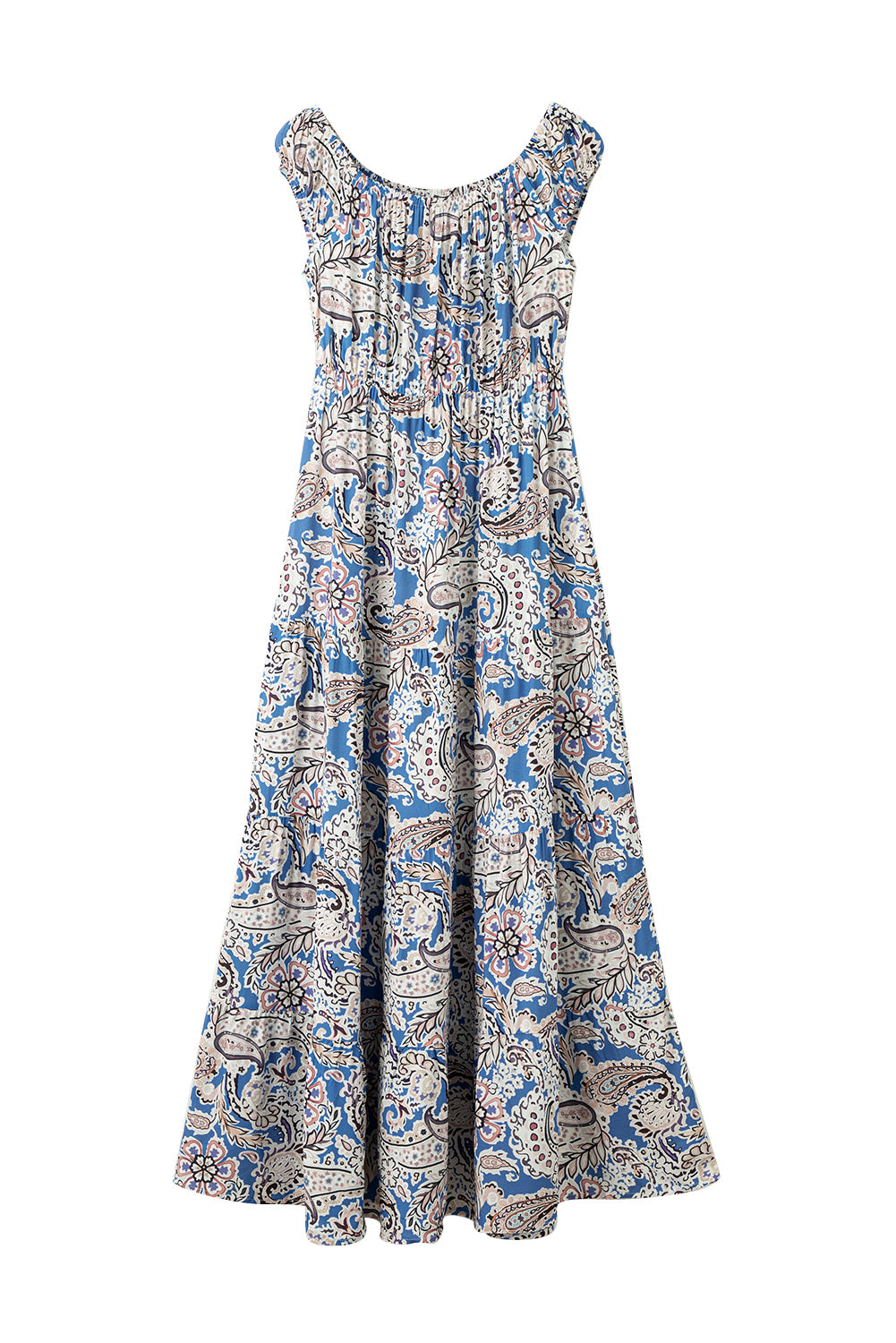 Robe longue bleue à épaules dénudées et imprimé cachemire style bohème