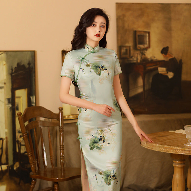 Lotus Internet Celebrity Cheongsam Video corto Vestido Cheongsam diario