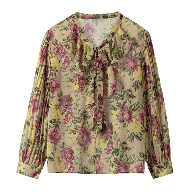 Camisa floral estilo retro de Hong Kong con estampado floral suelto para mujer