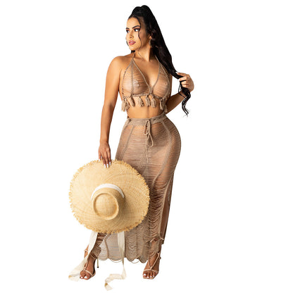 See-through Tassel Knitted Beach Skirt Suit