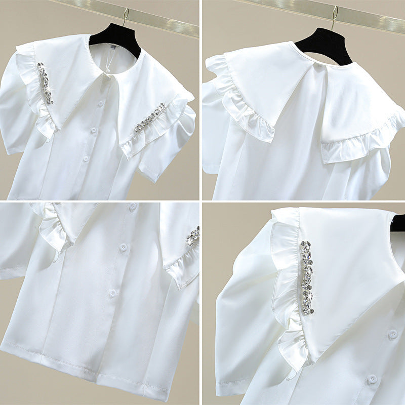 High Waist Short Short Sleeve Doll Collar Diamond Puff Sleeve Shirt