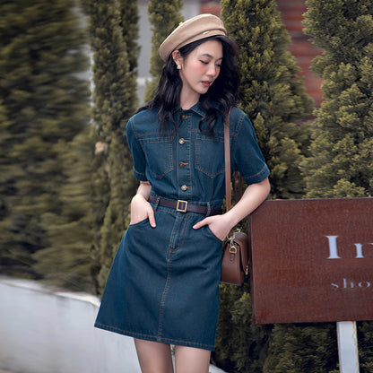 Simple Lapel Short-sleeved Single-breasted Casual Denim Dress Belt