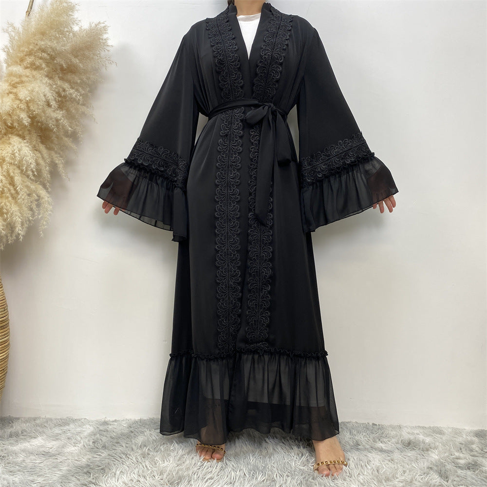 Robe cardigan musulmane à lacets brodée de fleurs noires