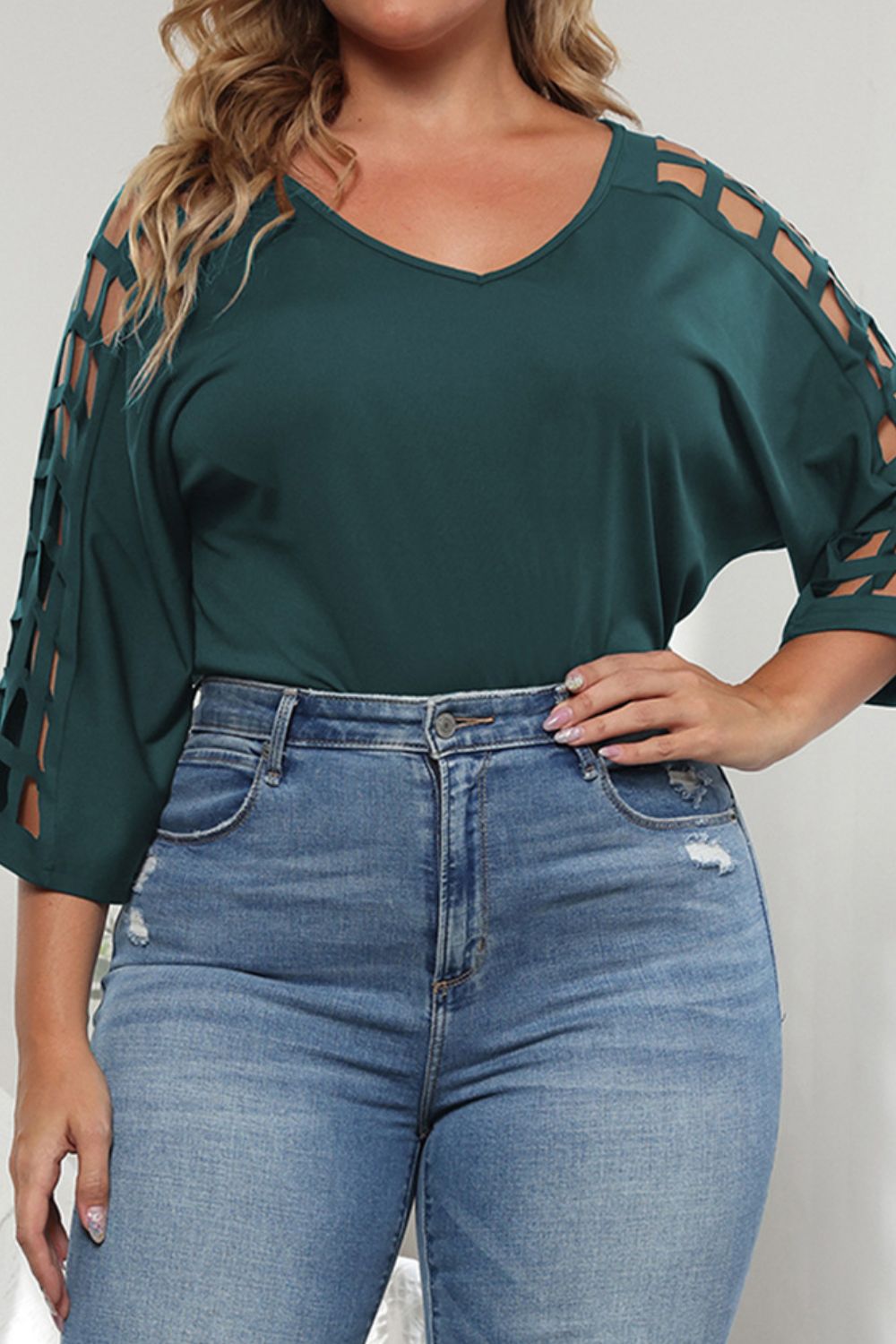 Blouse Découpée à Manches Trois-Quarts de Grande Taille