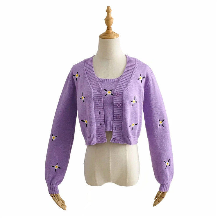 Flower embroidery sweater coat + all-match short vest two-piece women's clothing