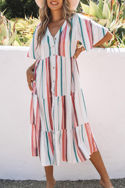 Vestido camisero con botones y cuello en V a rayas Serape