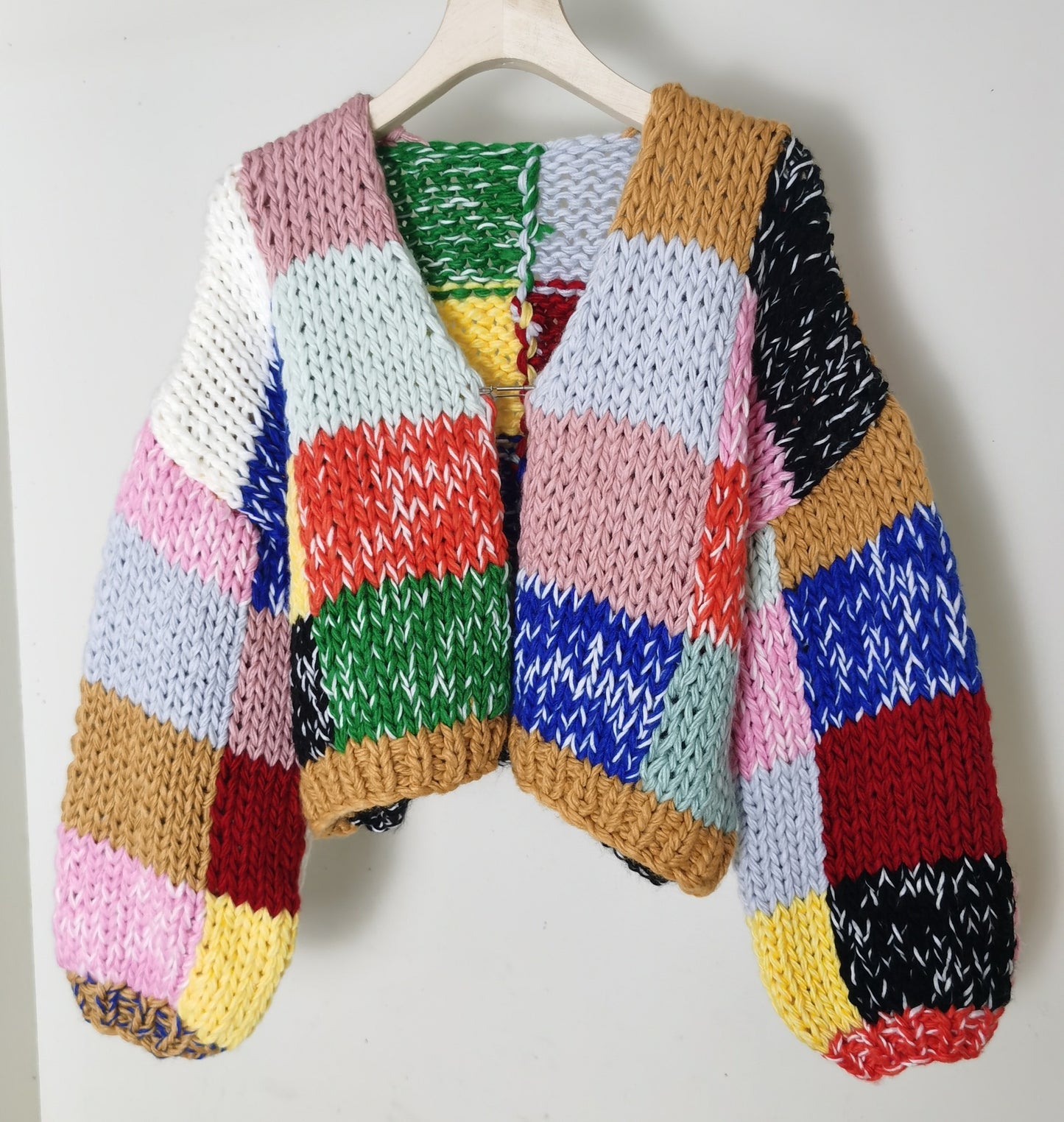 Retro Contrast Color Rainbow Plaid Handmade Versatile Cardigan Sweater For Women