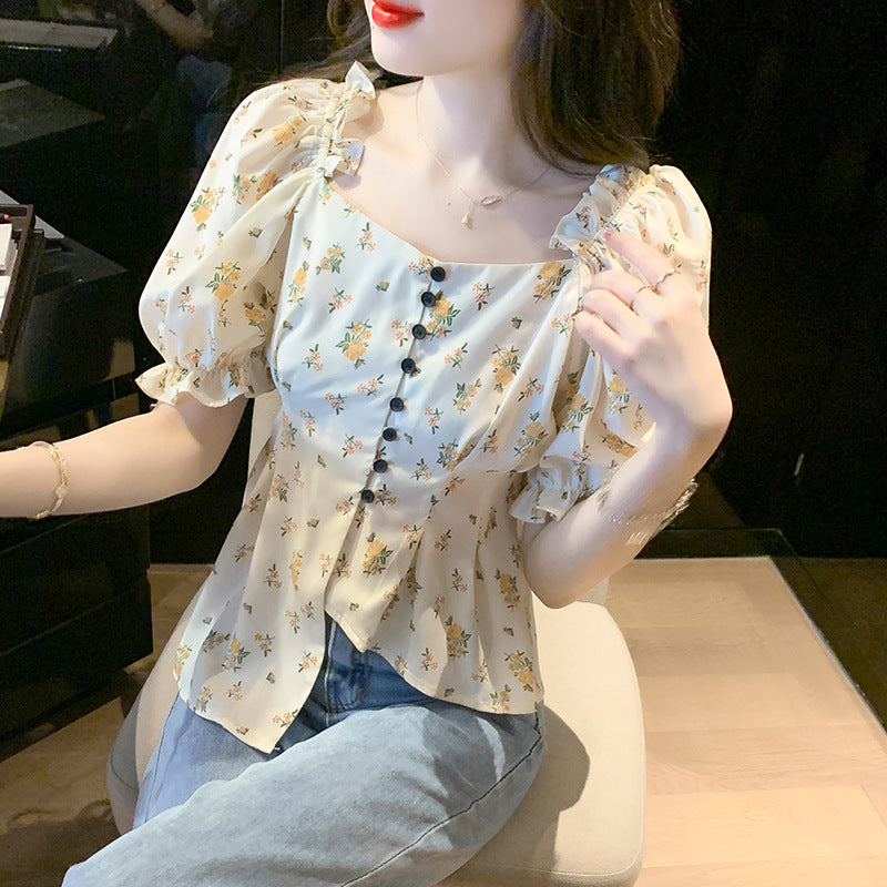 Women's Fashion French V-neck Irregular Floral Shirt