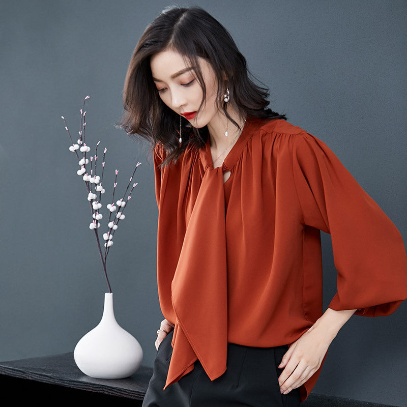 Chemise en mousseline de soie à manches longues pour femme, chemise à bascule d'automne