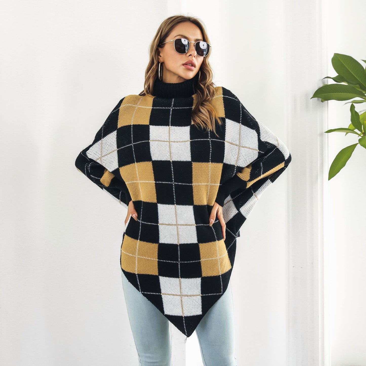 Women's Mid-length Plaid Jacquard Cape Sweater Coat