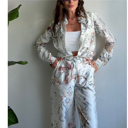 Printed Long-sleeved Top Wide Leg Pants Two-piece Set