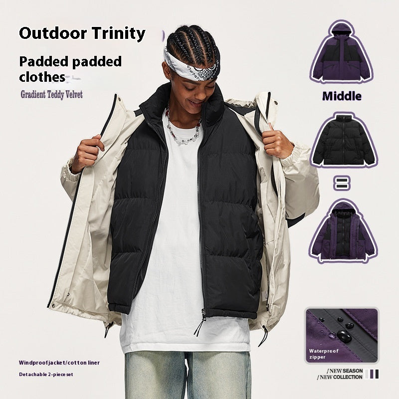 Outdoor Three-in-one Fleece-lined Thickened Removable Three-proof Two-piece Down Cotton Jacket