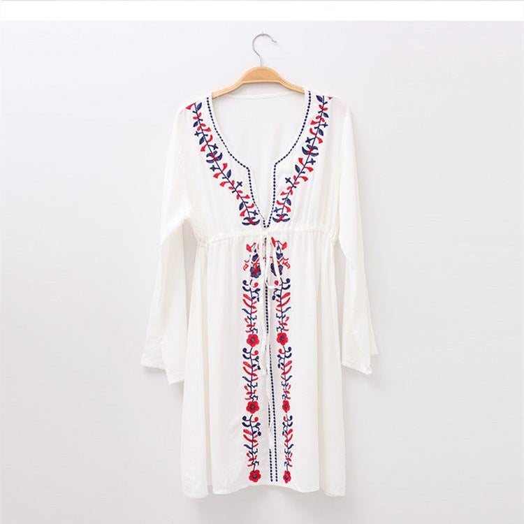 White Embroidered Long Sleeve Beachwear Cover Up Boho Dress