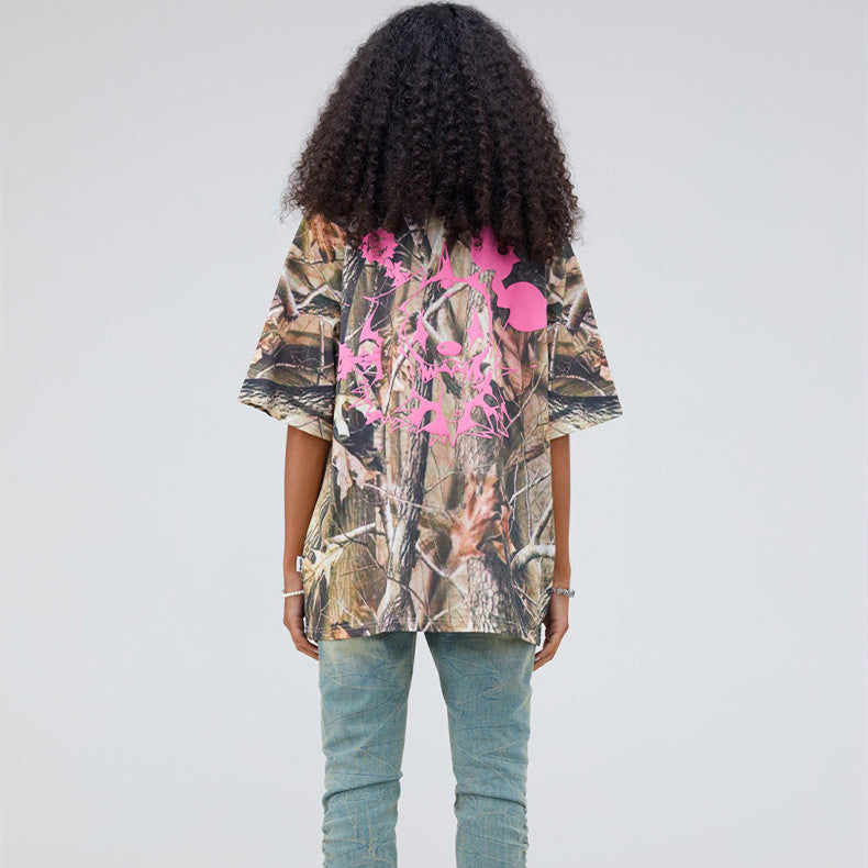 Letter Foamed Print True Leaf Camo Digital Loose Short Sleeve