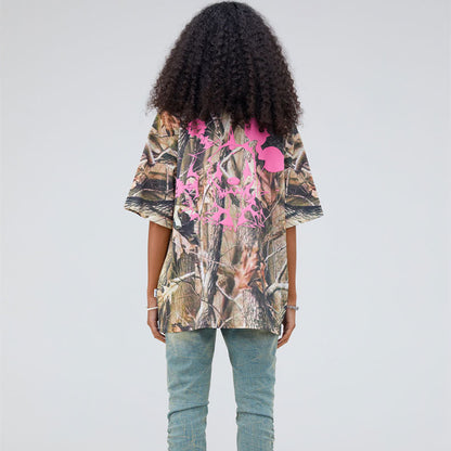 Letter Foamed Print True Leaf Camo Digital Loose Short Sleeve