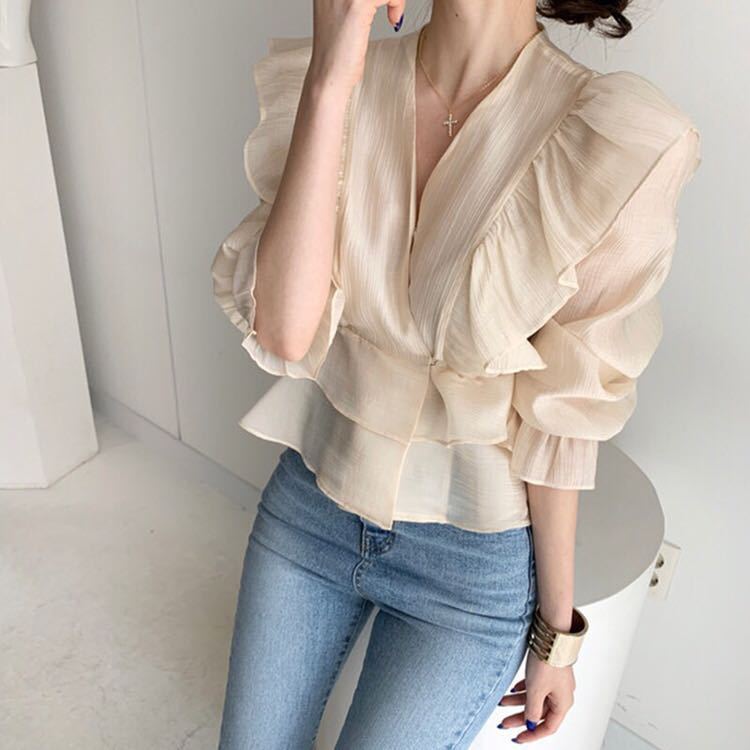 Vintage Hong Kong style ruffled V-neck shirt