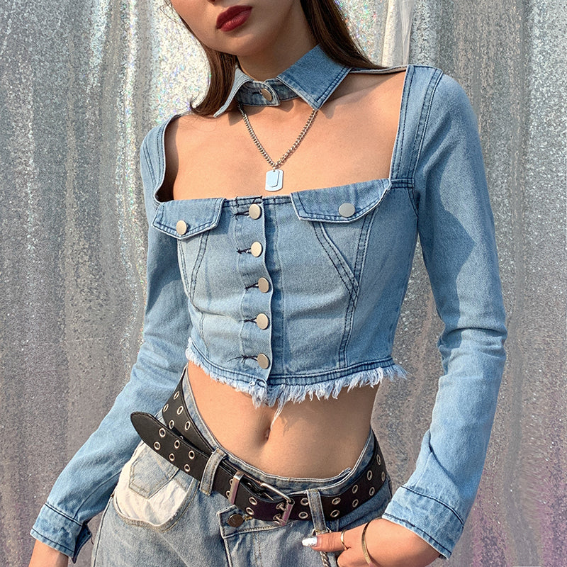 Fashionable hollow out Denim Long Sleeve Top