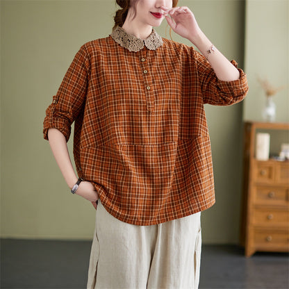 Ladies Loose Cotton And Linen Checkered Shirt