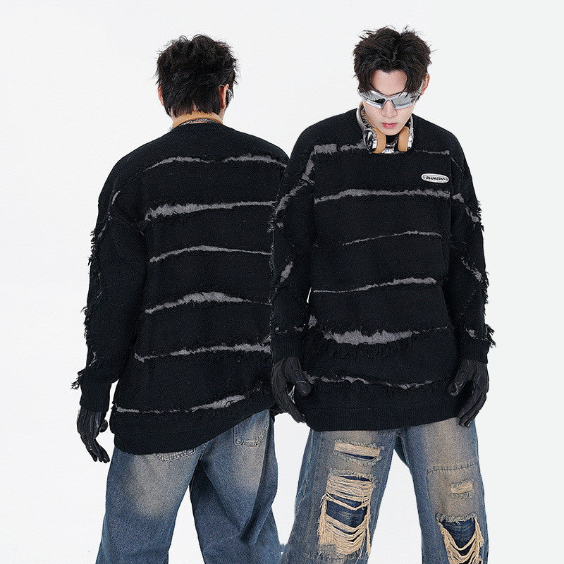 Irregular Cut Deformed Striped Solid Color Sweater