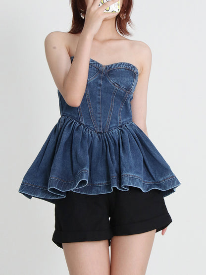 Nuevo diseño temperamento Denim Bra Wash Ruffle Top Mujer