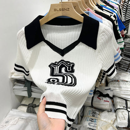 Women's Polo Collar Striped Short Sleeve Knitted Sweater